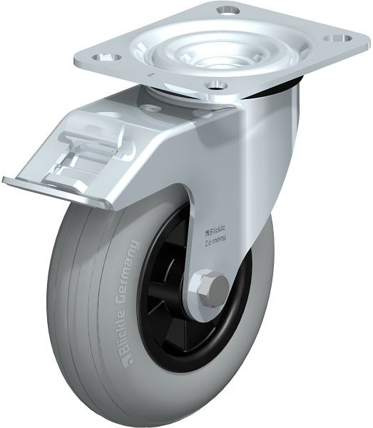 Blickle L-VWPP 125R-FI-SG Stahlblech-Lenkrolle, mittelschwere Ausführung, mit Anschraubplatte & Feststeller, Weichgummi, Grau, 849928