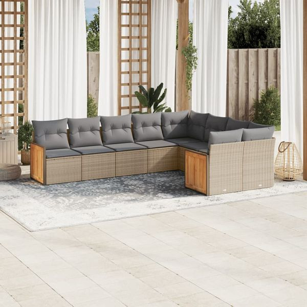 vidaXL 9-teilig Garten-Sofagarnitur mit Kissen Beige Poly Rattan, 3260386