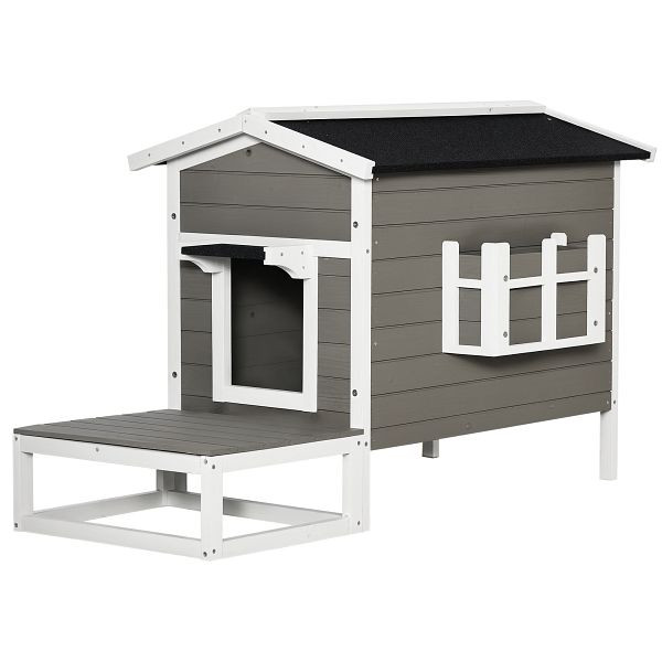PawHut Katzenhaus aus Holz Winterfest wasserdicht Katzenhütte mit Asphaltdach Terrasse Katzenhöhle Katzenkiste, D30-203
