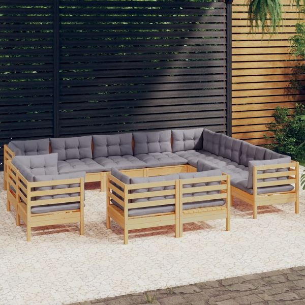 vidaXL 12-teilig Garten-Lounge-Set mit Grauen Kissen Massivholz Kiefer, 3096946