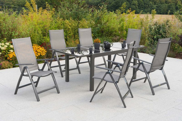 Merxx Carrara Set 7-teilig, 6 Klappsessel, 1 Ausziehtisch 150 (210) x 90 cm, graue Glasplatte, graphit/diamant, 51146-330