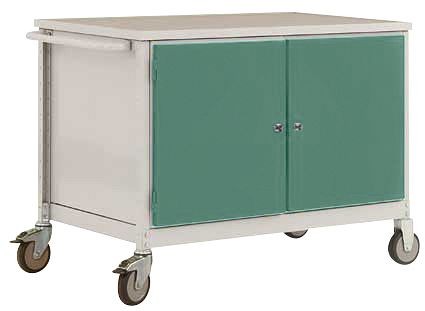 Manuflex Mobile Werkbank Modell 5 mit lichtgrauer Melamin-Abdeckplatte 22 mm BxTxH 1135 x 590 x 802 mm, graugrün, TP1028.0001