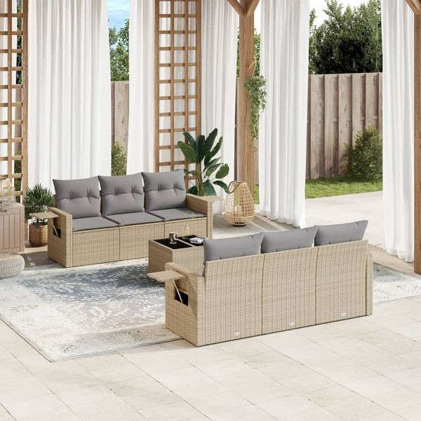 vidaXL 7-teilig Garten-Sofagarnitur mit Kissen Beige Poly Rattan, 3252246