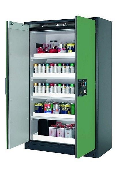 asecos Sicherheitsschrank Q-CLASSIC-90, Q90.195.120 in resedagrün RAL 6011 mit 4x Wannenboden Standard (Polypropylen), 30001-048-30014