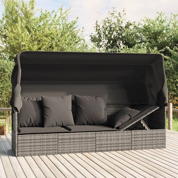 vidaXL Outdoor-Loungebett mit Dach und Kissen Grau Poly Rattan, 319568