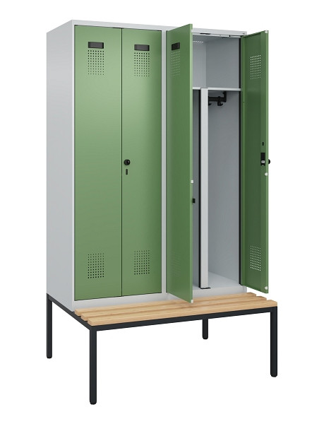 C+P PSA Doppel-Spind Evolo PLUS, Bank, 4 Abteile, 2120x1200x815mm, 7035/6011, Drehriegel, Sitzfläche Buche-Hartholz, Sitzbank, 0490527-40P S10010