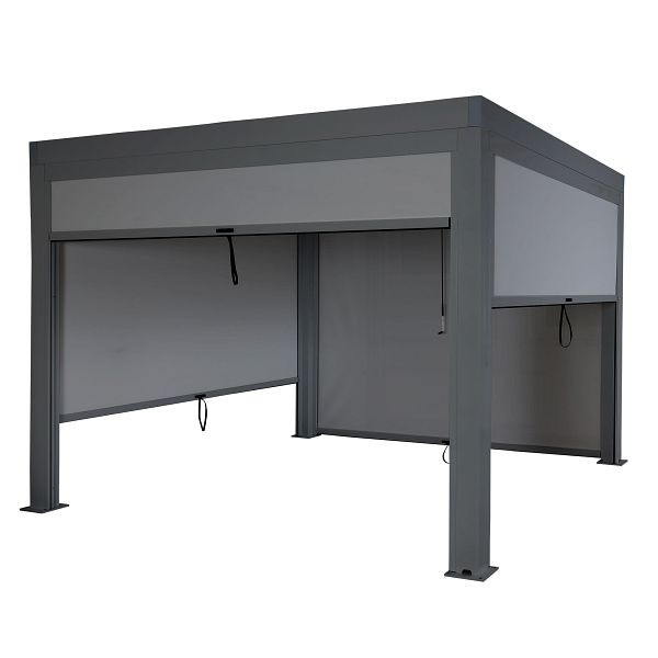 Mendler Pergola HWC-L46 mit Seitenwand, Lamellen-Pavillon Rollo, 10cm-Alu-Gestell, sturmfest 3x3m, anthrazit, 99267+99268+99269+4x99263