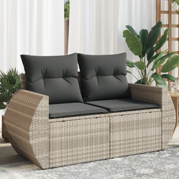 vidaXL Gartensofa mit Kissen 2-Sitzer Hellgrau Poly Rattan, 366197