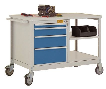 Manuflex ESD-Mobile Werkbank Modell 2 mit Schubfächer und Einlegeböden, BxTxH 1135 x 590 x 805 mm, lichtgrau/brillantblau, LW1001.0002