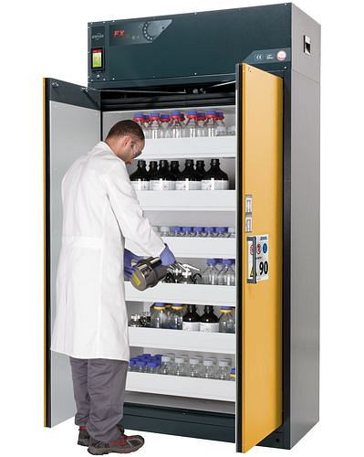 asecos Feuerbeständiger Umluft-Gefahrstoffschrank Custos, Türen gelb, mit 6 Auszugswannen, Typ E-126, 248466