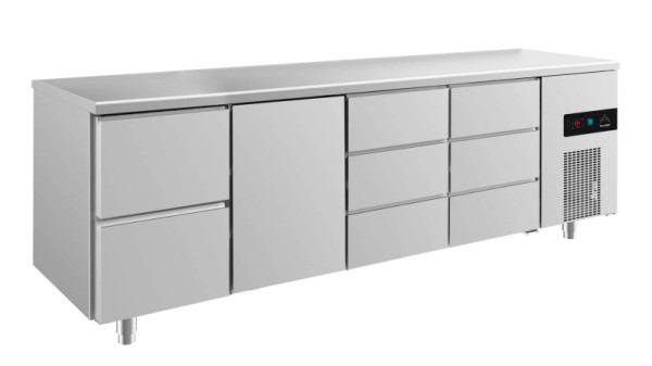 A&S Polarny Kühltisch -2 bis +8°C mit 1x Tür mittig-links, 1x zwei Schubladen links und 2x drei Schubladen, 2330 x 700 x 850 mm, KT4ZTDD