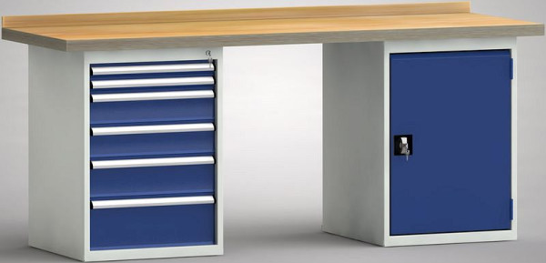 KLW Standard-Werkbank - 1500 x 700 x 840 mm L x T x H, links 2x50EA/2x125EA/150EA/200EA, rechts Türe, WS215N-2000M40-E7026