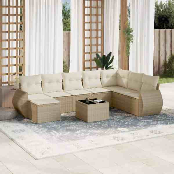 vidaXL 9-tlg. Garten-Sofagarnitur mit Kissen Beige Poly Rattan, UV-beständig, 3254105