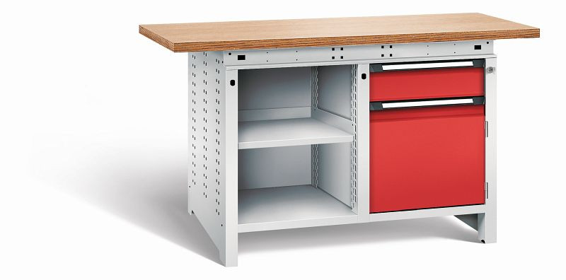 Otto Kind Werkbank Serie function Typ 211, Multiplexplatte 40 mm, überstehend, 2x Unterbau, Gehäuse RAL 7035, Front RAL 3000, 072341234