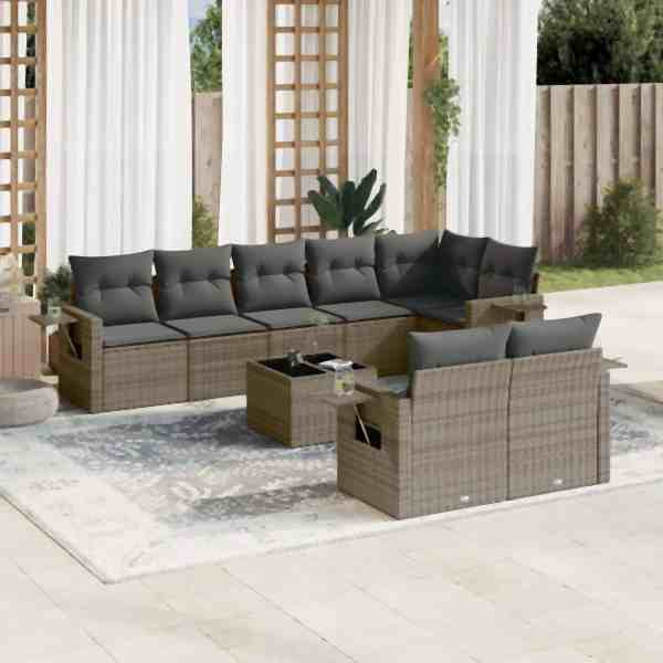 vidaXL 9-tlg. Garten-Sofagarnitur mit Kissen Grau Poly Rattan, UV-beständig, 3252767