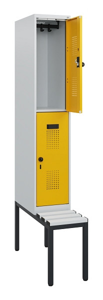 C+P Doppelstöckiger Spind Evolo PLUS, Bank, 2 Fächer, 1950x300x815mm, 7035/1004, Drehriegel, Sitzfläche Kunststoff, Sitzbank, 0493505-10 S10082