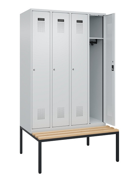 C+P Spind Evolo PLUS, 4 Abteile, 2120x1200x815mm, 7035/7035, Haken 3, Zylinderschloss, Sitzfläche Buche-Hartholz, Sitzbank, 0490507-40 S10040