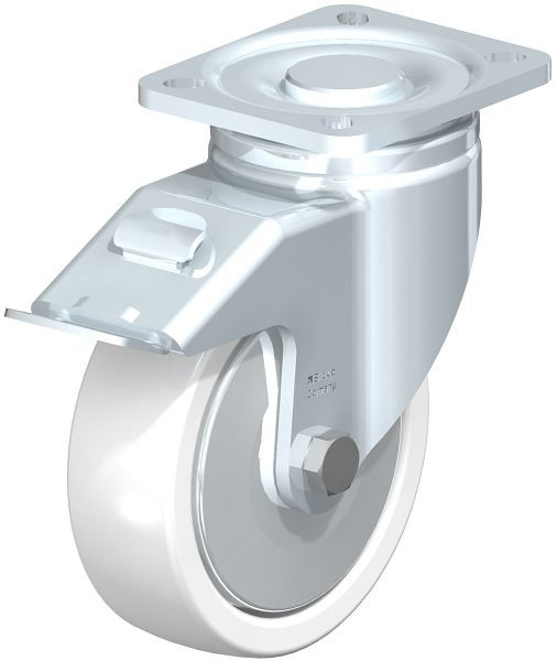 Blickle LH-SPO 125G-1-FI-FA Stahlblech-Lenkrolle, Schwerlast-Ausführung, mit Anschraubplatte & Feststeller, Polyamid, Weiß, 750158