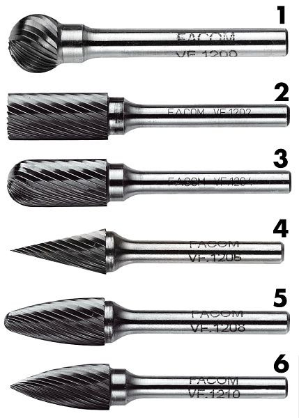 Facom Hartmetallfräser (Nr. 1), Spiralnut rechtsdrehend, Ø 12 mm, kugelförmig, 20.000 U/min, VFA.1200