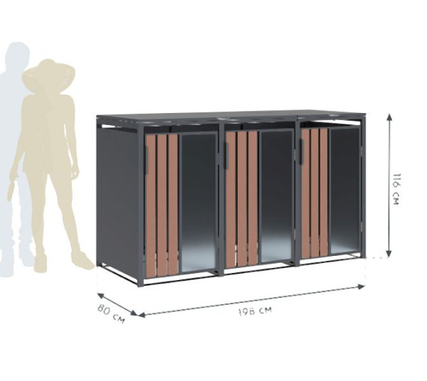 Westmann Mülltonnenbox Status 3, 3 x 240L Anthrazit & Holzoptik, 80x198x116cm, WMJGBC253-3