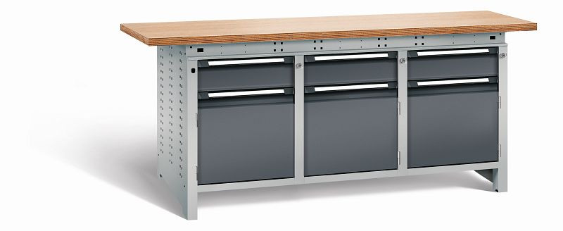 Otto Kind Werkbank Serie function Typ 309, Multiplexplatte 40 mm, überstehend, 2x Unterbau + mittleres Feld, Gehäuse RAL 9006, Front RAL 7016, 07236424S