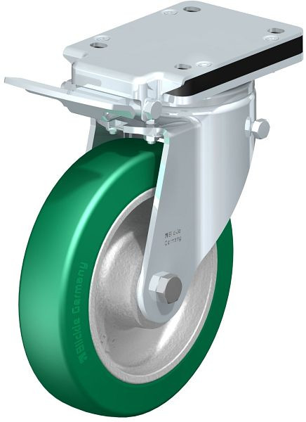 Blickle LH-GST 200K-IS Stahlblech-Lenkrolle, Schwerlast-Ausführung, mit Anschraubplatte & Feststeller, Blickle Softhane®, Grün, 852392