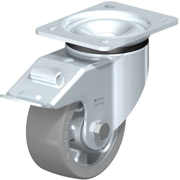 Blickle LK-ALTH 127K-FI-AS Stahlblech-Lenkrolle, schwere Ausführung, mit Anschraubplatte & Feststeller, Blickle Extrathane®, Grau, 763229