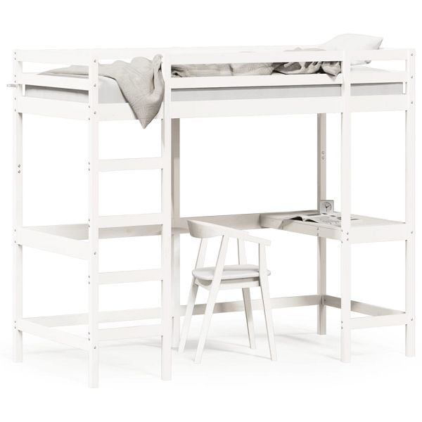 vidaXL Hochbett mit Schreibtisch Weiß 90x200 cm Massivholz Kiefer, 842851