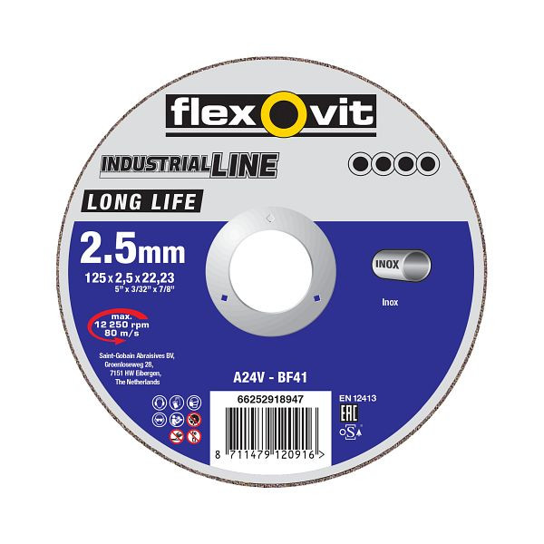 Flexovit LONG LIFE Trennscheibe Metall Inox, A 24 V-BF42 INOX LONG LIFE, Durchmesser: 125 mm, Stärke: 2 mm, VE: 25 Stück, 66252919655