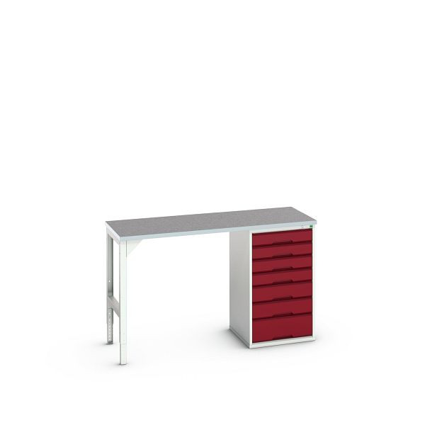 bott verso Unterbauwerkbank (Linoleum-Platte) mit 7 Schubladen (Breite: 525mm) BxTxH: 1500 x 600 x 930 mm, Lichtgrau / Purpurrot, 16921911.24