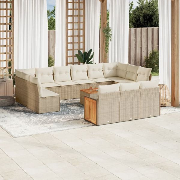 vidaXL 14-teilig Garten-Sofagarnitur mit Kissen Beige Poly Rattan, 3260546