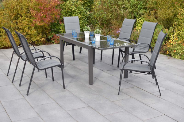 Merxx Amalfi Set 7-teilig, 4 Amalfi Stapelsessel, gepolstert, 2 Amalfi Stapelsessel, gepolstert, 1 Ausziehtisch 150 (210) x 90 cm, 51108-309