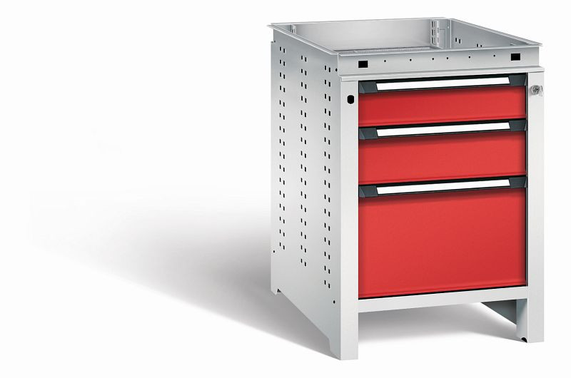 Otto Kind Werkbank Serie function Typ 106, ohne Platte, 3 Schubladen, mit Zentralverschluss, Gehäuse RAL 7035, Front RAL 3000, 072323334