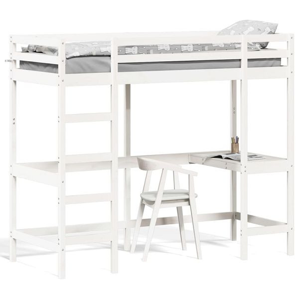vidaXL Hochbett mit Schreibtisch Weiß 80x200 cm Massivholz Kiefer, 842855