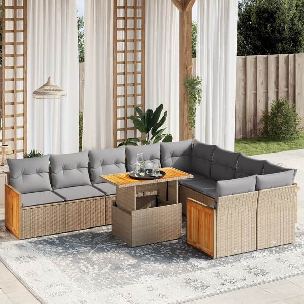 vidaXL 10-tlg. Garten-Sofagarnitur mit Kissen Beige Poly Rattan, UV-beständig, 3274118