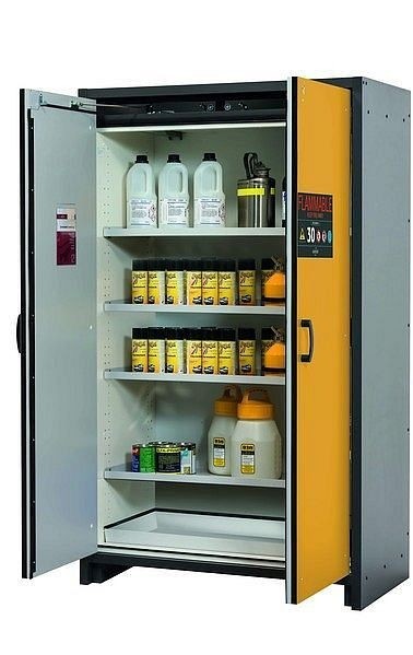 asecos Sicherheitsschrank Q-CLASSIC-30, Q30.195.116.FU.WDC in sicherheitsgelb RAL 1004 mit 4x Fachboden (Stahlblech), 34659-060-34760