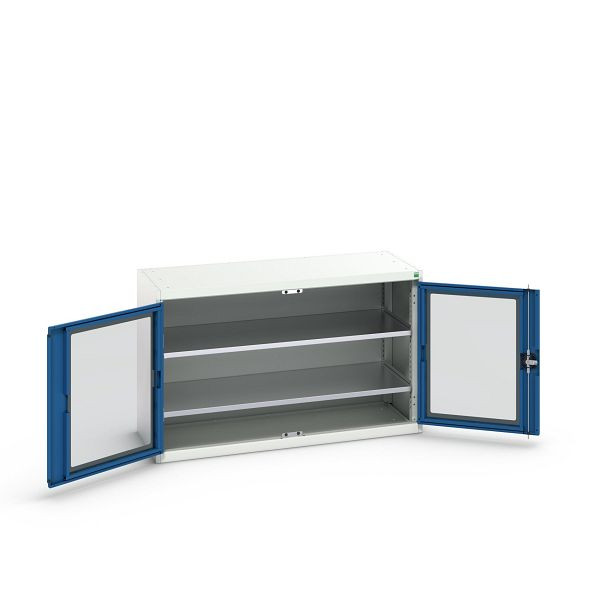 bott verso Flügeltürschrank mit Sichtfenster, mit 2 Fachböden, BxTxH: 1300 x 550 x 800 mm, Lichtgrau / Enzianblau, 16926660.11