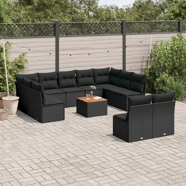 vidaXL 12-teilig Garten-Sofagarnitur mit Kissen Schwarz Poly Rattan, 3223885