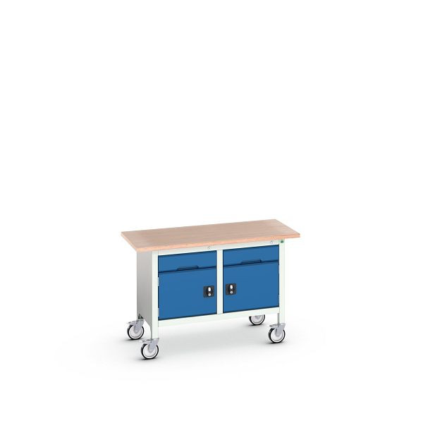 bott verso mobile Kastenwerkbank (Multiplex) mit 2 Schubladen und 2 Türen, BxTxH: 1250 x 600 x 830 mm, Lichtgrau / Enzianblau, 16923201.11
