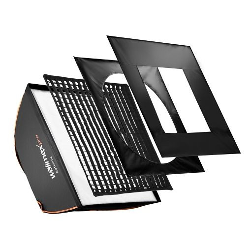 Walimex pro Softbox PLUS Orange Line 60x60, mit Grid und zwei Masken, inkl. Front- und Zwischendiffusor sowie Transporttasche, 1018797