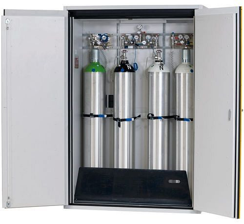 asecos Gasflaschenschrank feuerbeständig G90, 4 x 50 l Flaschen, B 1400 mm,2-flügelige Tür, grau/gelb, 165315