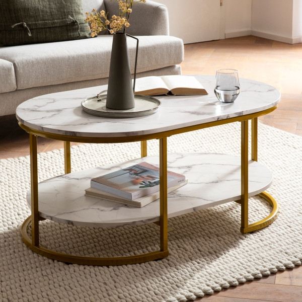 Wohnling Couchtisch 100x60x45cm Weiß mit Marmor Optik, Wohnzimmertisch Rechteckig, Sofatisch mit Ablage, Kaffeetisch mit goldenem Metallgestell, WL6.895