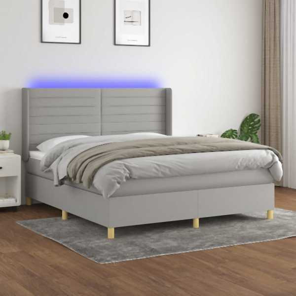 vidaXL Boxspringbett mit Matratze & LED Hellgrau 160x200 cm Stoff, 3138965