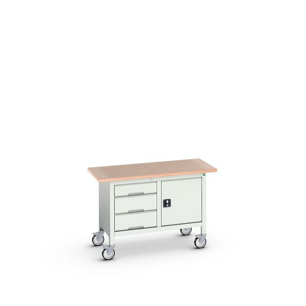 bott verso mobile Kastenwerkbank (Multiplex) mit 3 Schubladen und 1 Tür, BxTxH: 1250 x 600 x 830 mm, Lichtgrau / Lichtgrau, 16923203.16