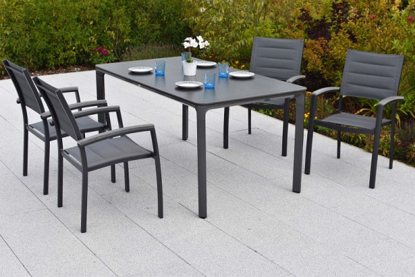 Merxx Pisa Set 5-teilig, graphit, 4 Stapelsessel, 1 Tisch 160 x 90 cm, Tischplatte in Steinoptik, Aluminiumgestell mit Kunststoff, 51095-217
