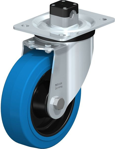 Blickle L-POEV 160XR-CS11-SB Stahlblech-Lenkrolle, mittelschwere Ausführung, mit Anschraubplatte & Zentralfeststeller, Elastik-Vollgummi, Blau, 850621