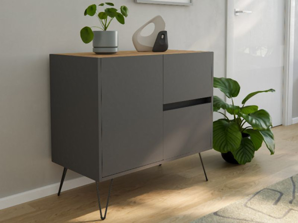 Posseik Sideboard Industrial C 80cm 2 Schubladen 1 Tür Grafit/Eiche Top, PN2079X0000058DE