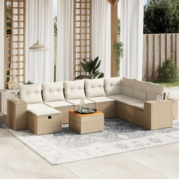 vidaXL 9-teilig Garten-Sofagarnitur mit Kissen Beige Poly Rattan, 3265209