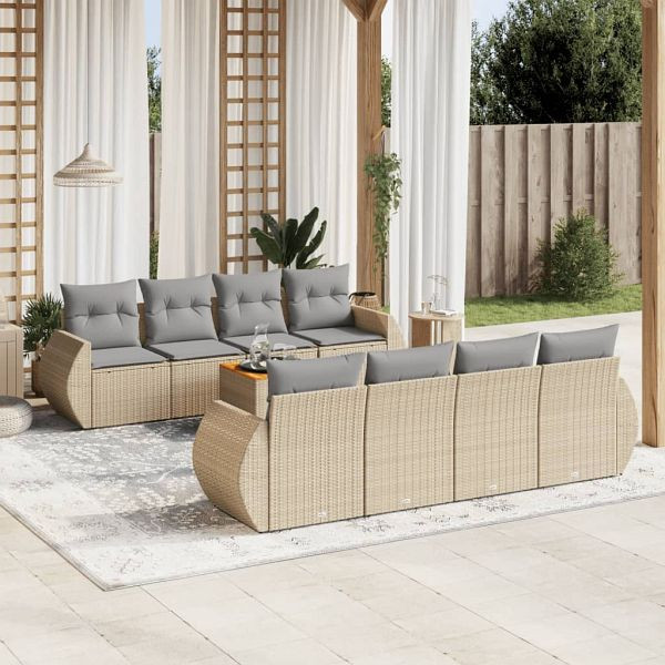 vidaXL 9-teilig Garten-Sofagarnitur mit Kissen Beige Poly Rattan, 3224925