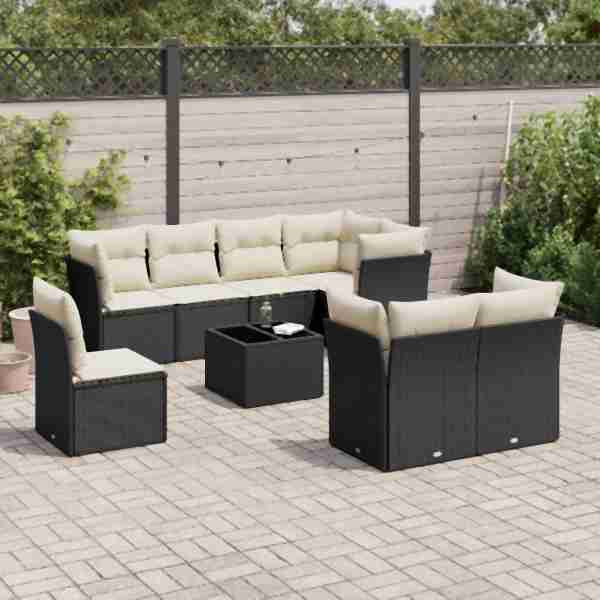 vidaXL 9-tlg. Garten-Sofagarnitur mit Kissen Schwarz Poly Rattan, UV-beständig, 3249775